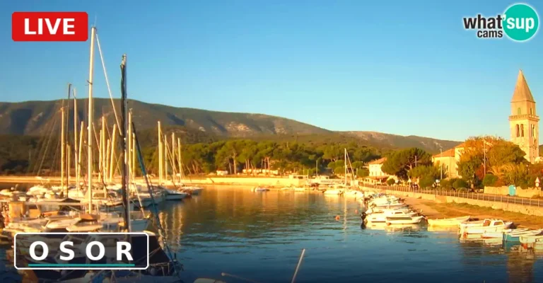 Live webcam view of the harbour of Osor with sailing boats and the cathedral bell tower, Croatia