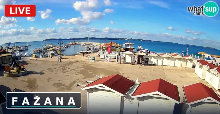 Vue en direct de la webcam sur le port de Fažana avec les îles Brijuni à l'horizon, Istrie, Croatie